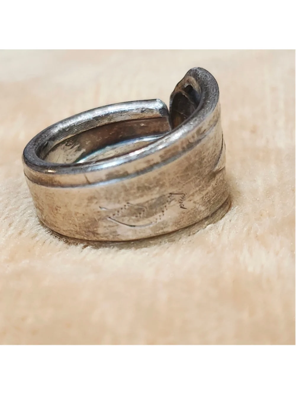 Aged Engraved S Spoon Handle Ring Size 8